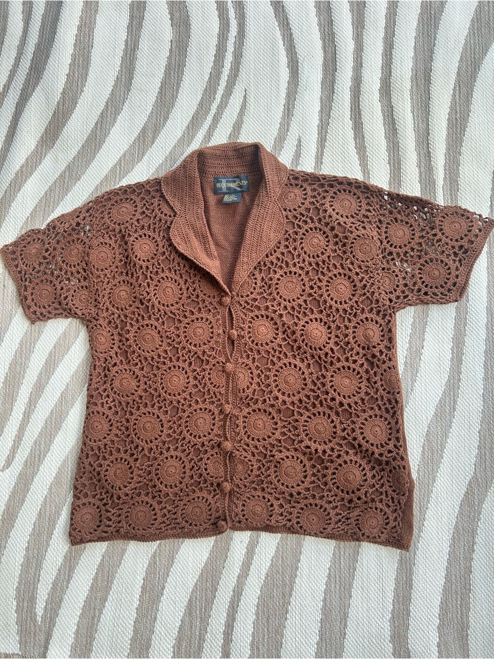 Vintage Crochet Button-Front Cardigan in Rust Brown size large